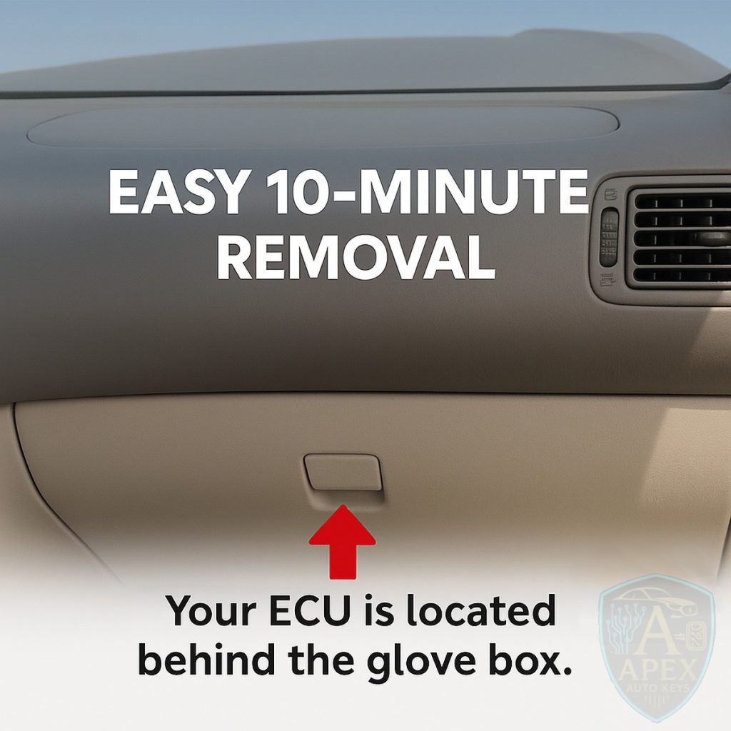 Illustration showing the glove box and an arrow indicating the ECU location behind it, with text "Easy 10-minute removal".