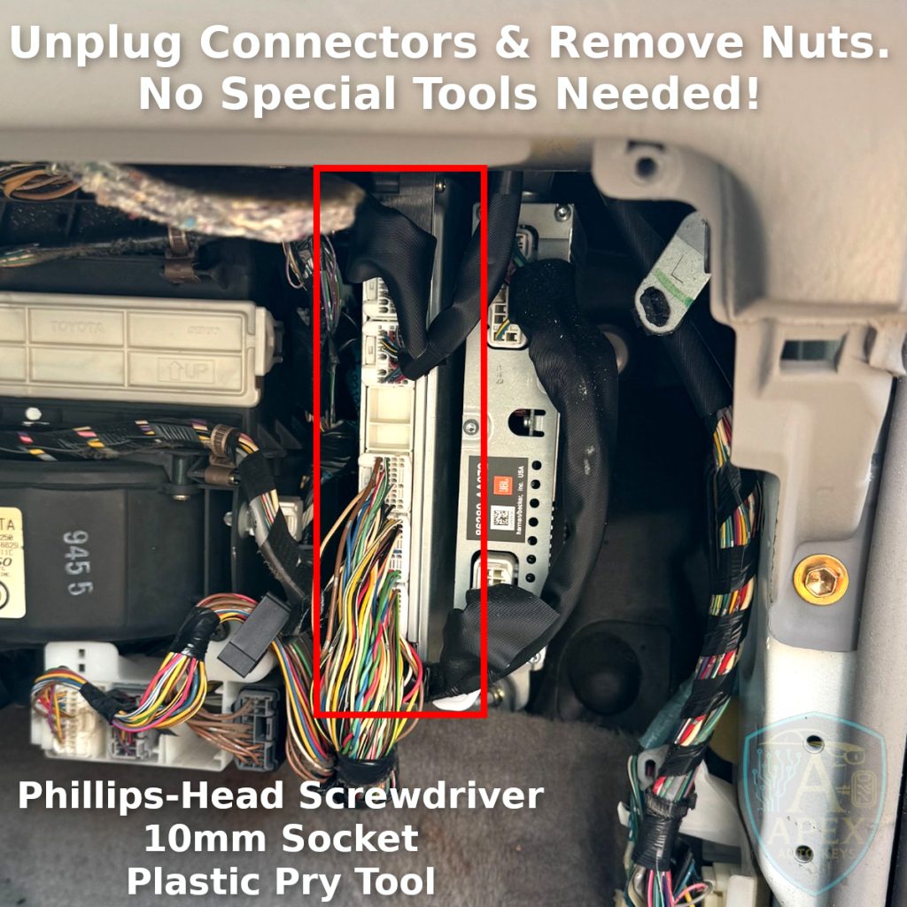 Photo showing ECU connectors and nuts removal with instructions to unplug connectors and remove nuts using basic tools.