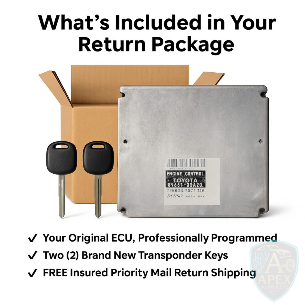 Photo showing contents of your return package: original ECU, two brand new transponder keys, and free insured priority mail return shipping.